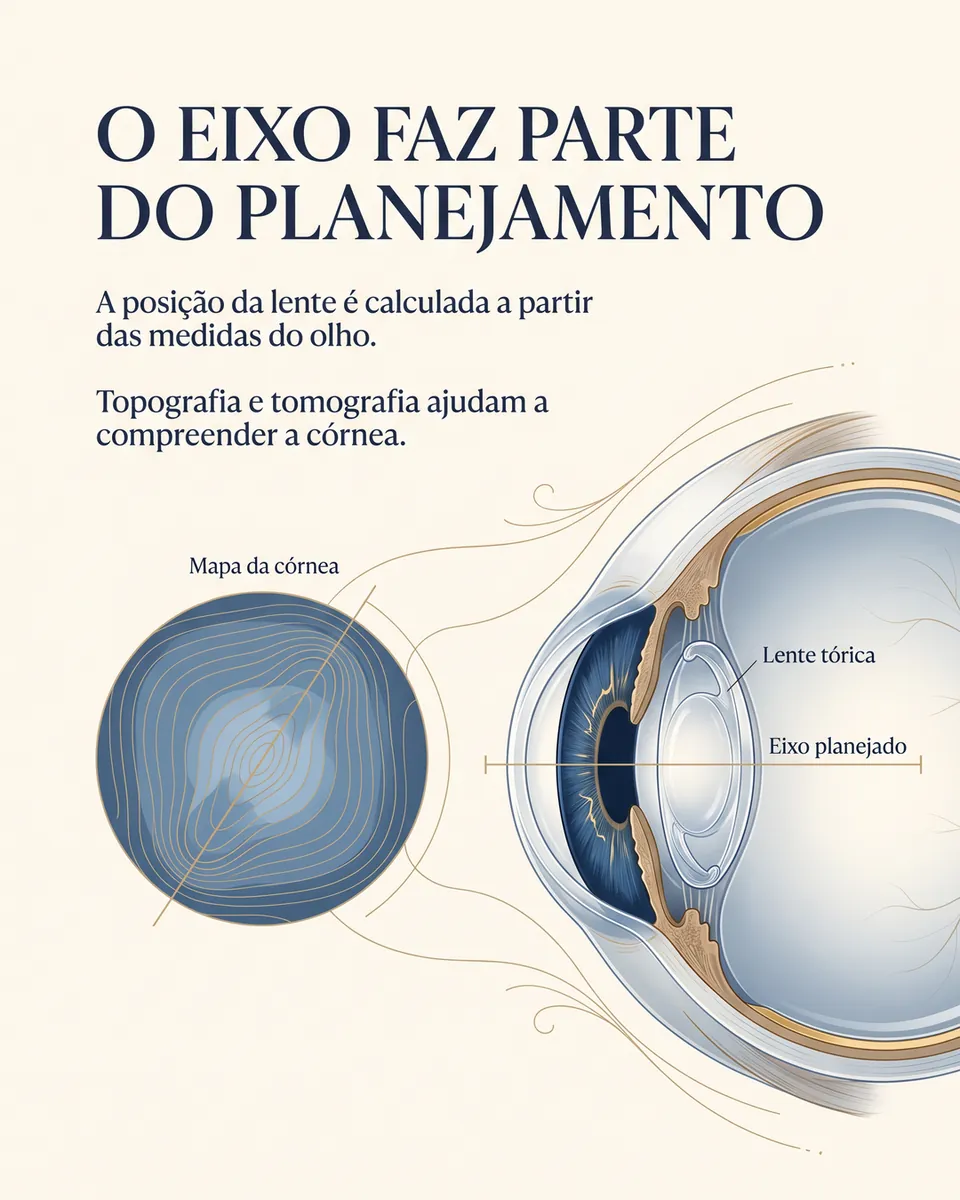 Mapa da córnea ao lado de um olho em corte com a lente tórica e o eixo planejado marcado.