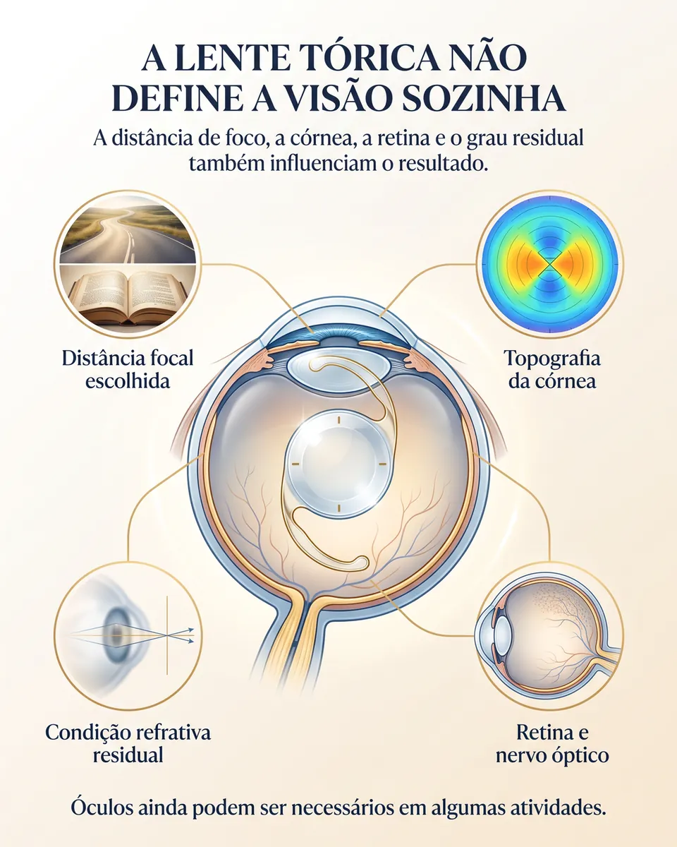 Olho no centro ligado a quatro fatores: distância focal escolhida, topografia da córnea, condição refrativa residual, e retina e nervo óptico.