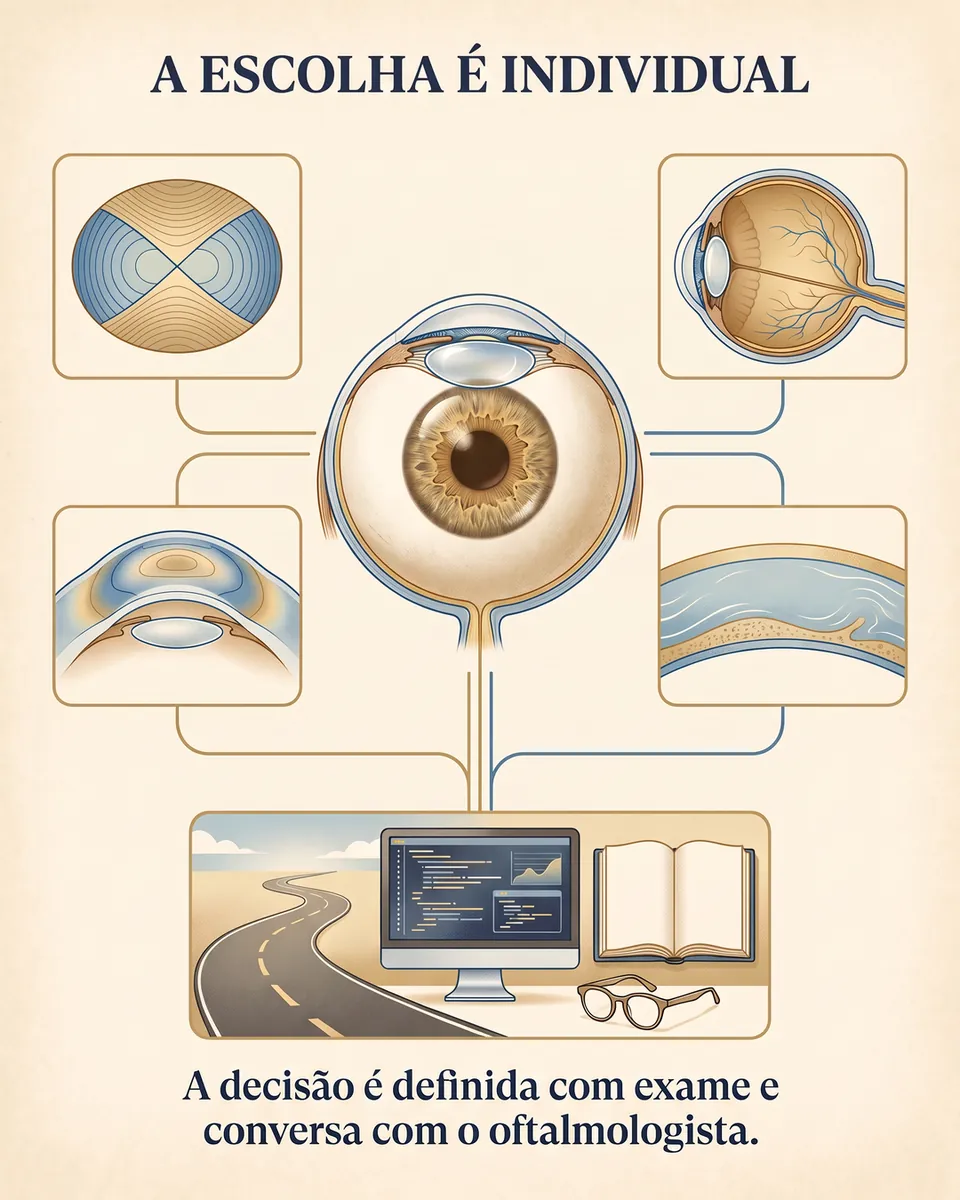 Mapa de decisão com o olho no centro e quadros da córnea, das medidas e mapas da córnea, da retina e do nervo óptico, e da rotina visual com estrada, computador e livro.