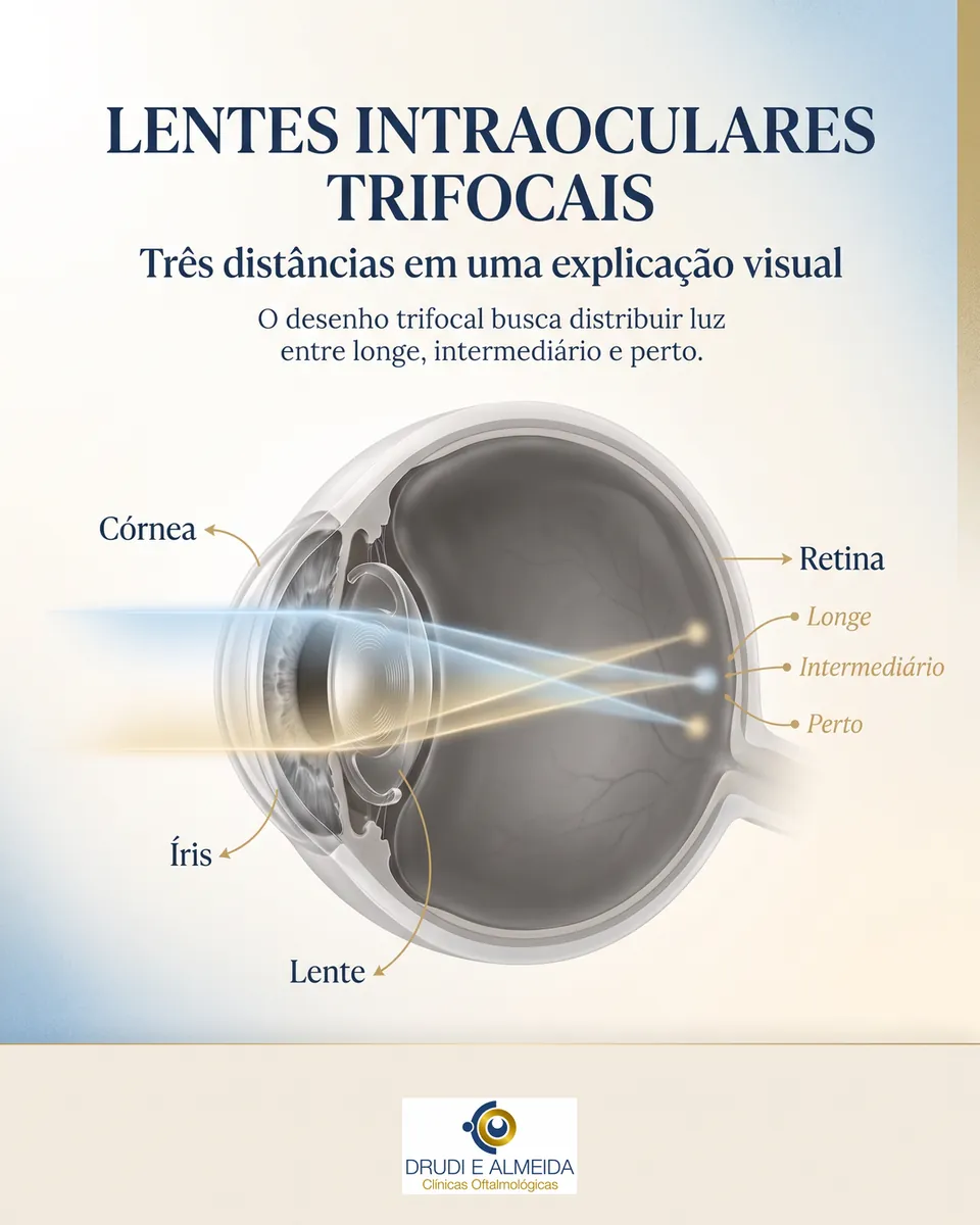 Olho em corte com a lente trifocal e três feixes de luz que chegam à retina, marcados longe, intermediário e perto, sob o título Lentes intraoculares trifocais.