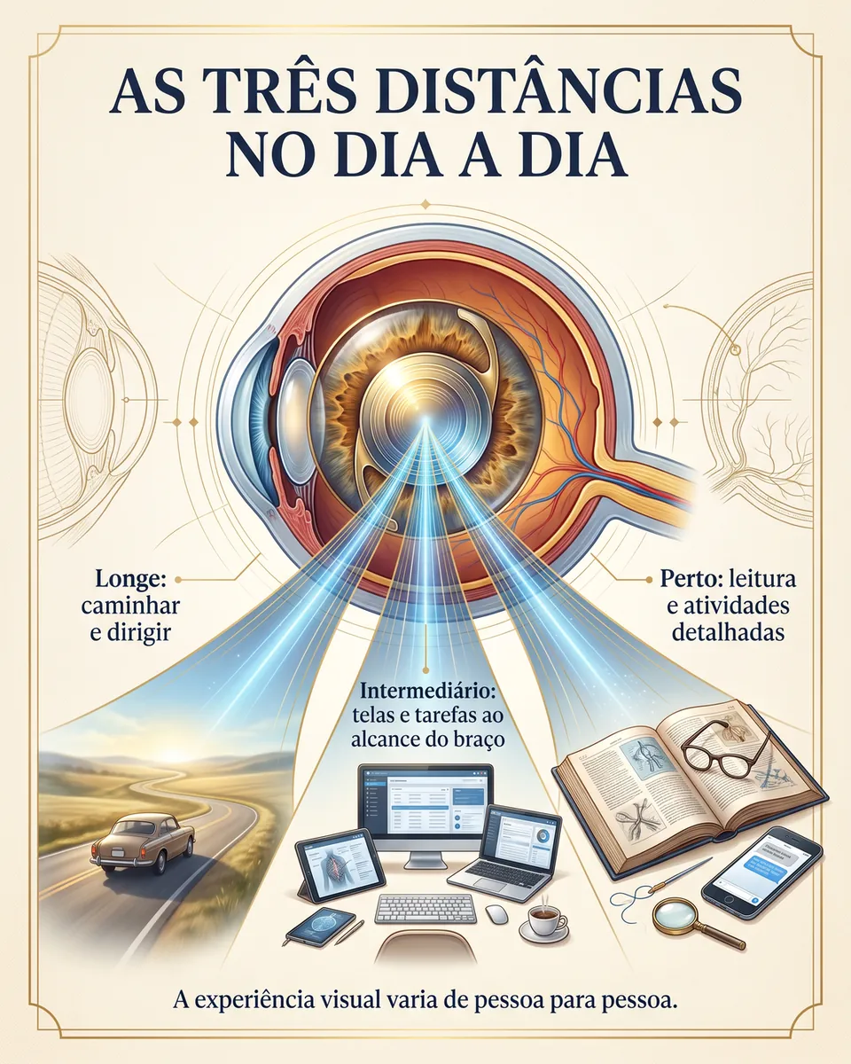 Olho com três feixes de luz: longe, com uma estrada e um carro; distância média, com telas ao alcance do braço; perto, com um livro, óculos e um celular.