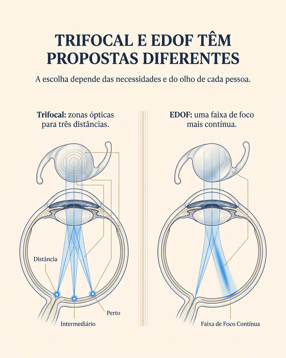 Comparação entre a trifocal, com três pontos de foco na retina, e a EDOF, com uma faixa de foco contínua.
