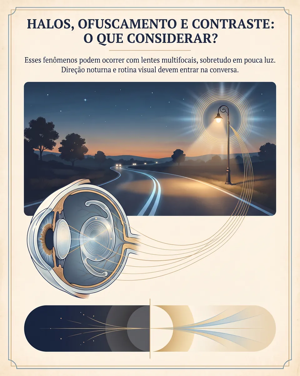 Estrada ao entardecer com um poste cercado de halo de luz, ligada a um olho em corte com a lente trifocal.