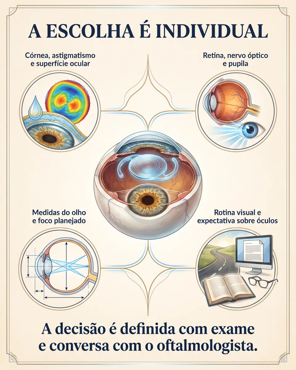 Olho no centro com quatro círculos: córnea, astigmatismo e superfície ocular; retina, nervo óptico e pupila; medidas do olho e foco planejado; e rotina visual e expectativa sobre óculos.