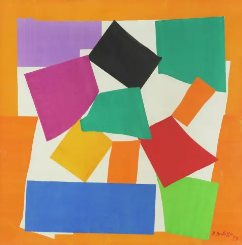 Henri Matisse, O caracol, 1953: recortes de papel em cores puras, laranja, verde, roxo, preto e azul, dispostos em espiral sobre fundo branco.