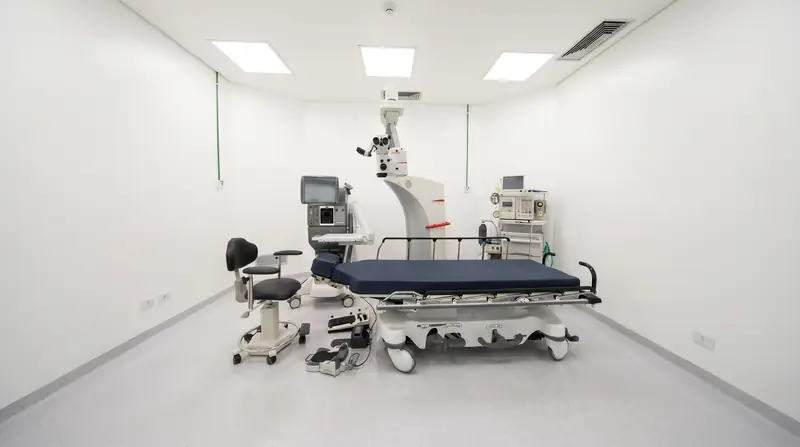 Centro cirúrgico oftalmológico do MIRA com mesa cirúrgica, microscópio e equipamentos preparados para cirurgia de catarata.