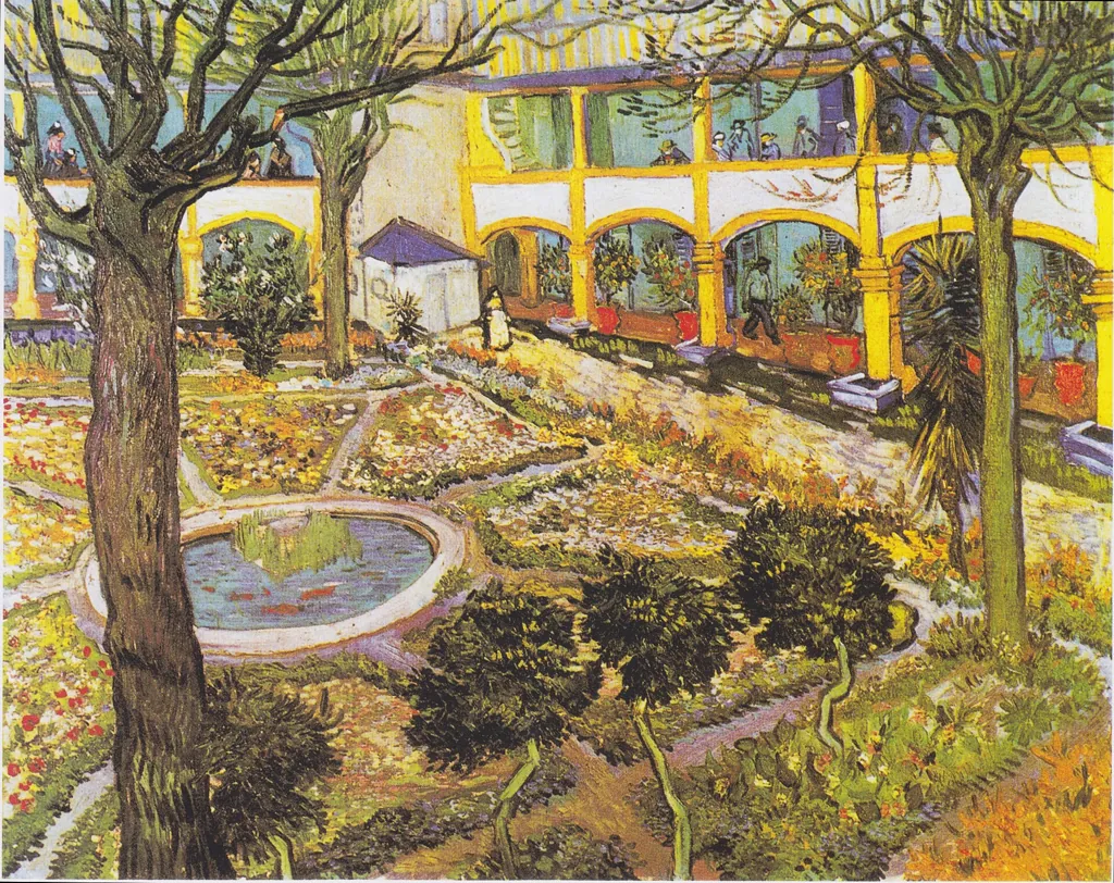 Pintura de Vincent van Gogh: o jardim interno do hospital de Arles, com canteiros floridos, um lago redondo e as arcadas amarelas ao fundo