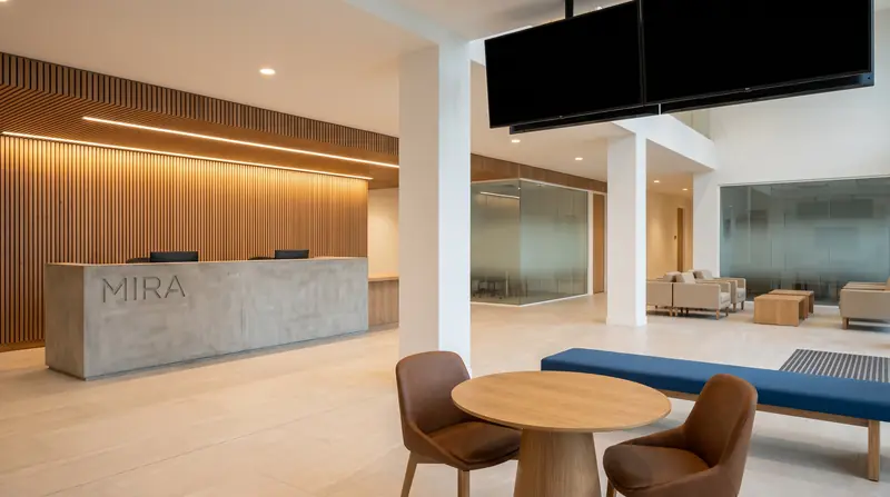 Recepção do MIRA Hospital Oftalmológico com balcão, lounge de espera e ambientação acolhedora para pacientes.