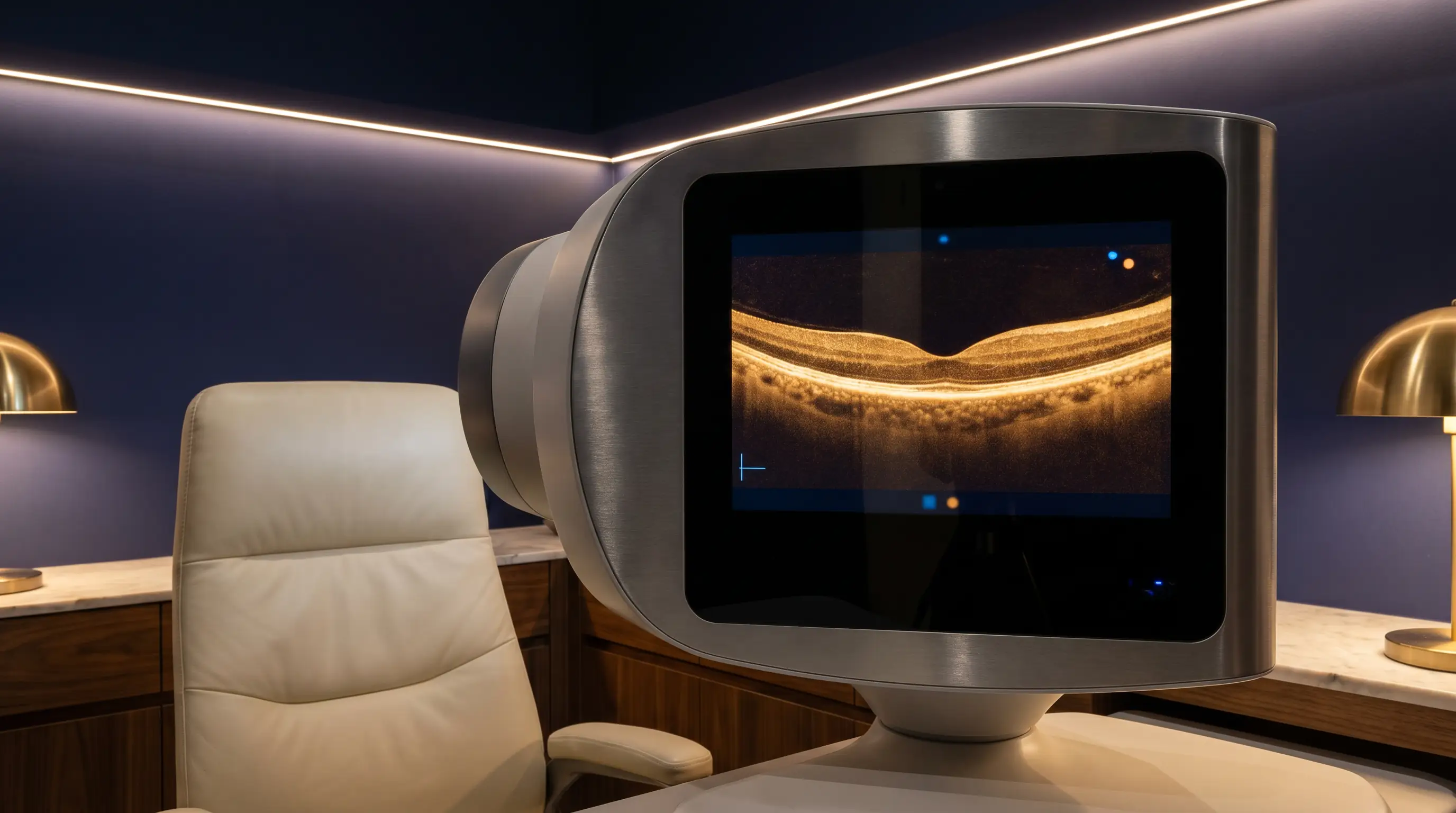 Sala de diagnóstico oftalmológico com monitor exibindo OCT macular normal em composição artística