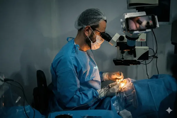 Cirürgião oftalmologista realizando cirurgia ocular com microscópio Leica — Drudi e Almeida