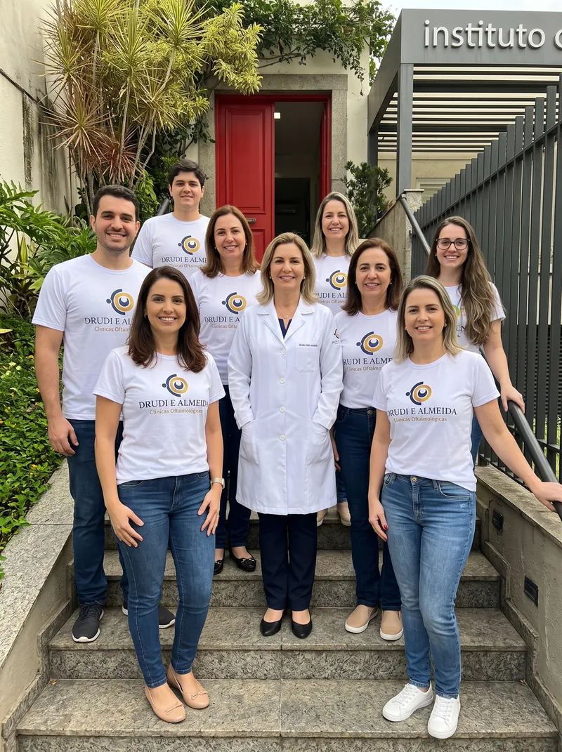 Equipe reunida na escadaria da entrada do Instituto CNA, de camiseta e jaleco com o logotipo da rede