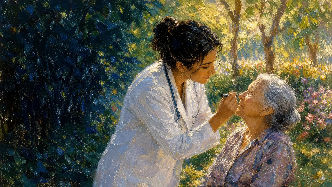 Médica oftalmologista do Instituto Drudi e Almeida realizando exame em paciente