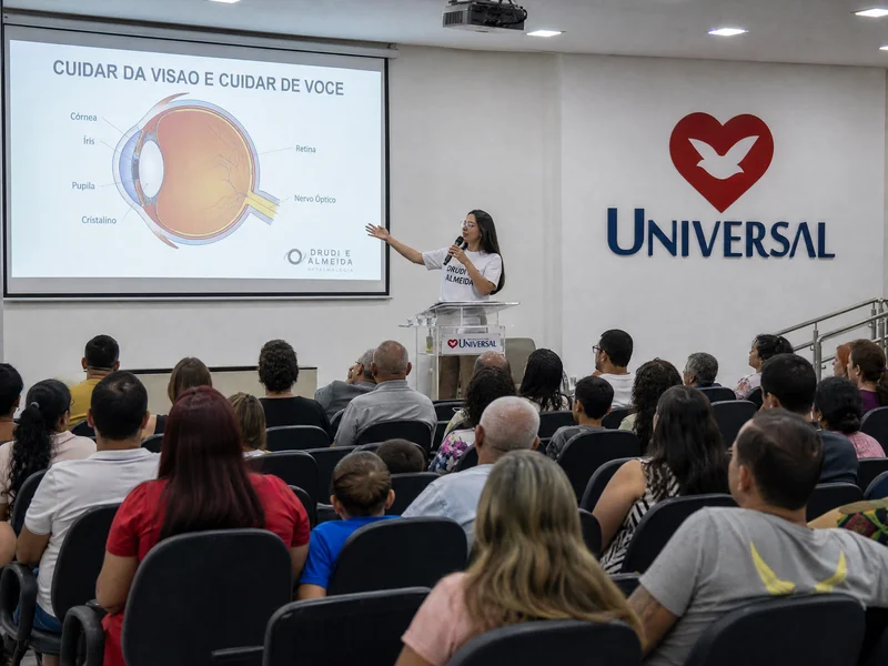 Médica do Instituto Drudi e Almeida palestrando sobre cegueira evitável na Igreja Universal do Reino de Deus em São Paulo