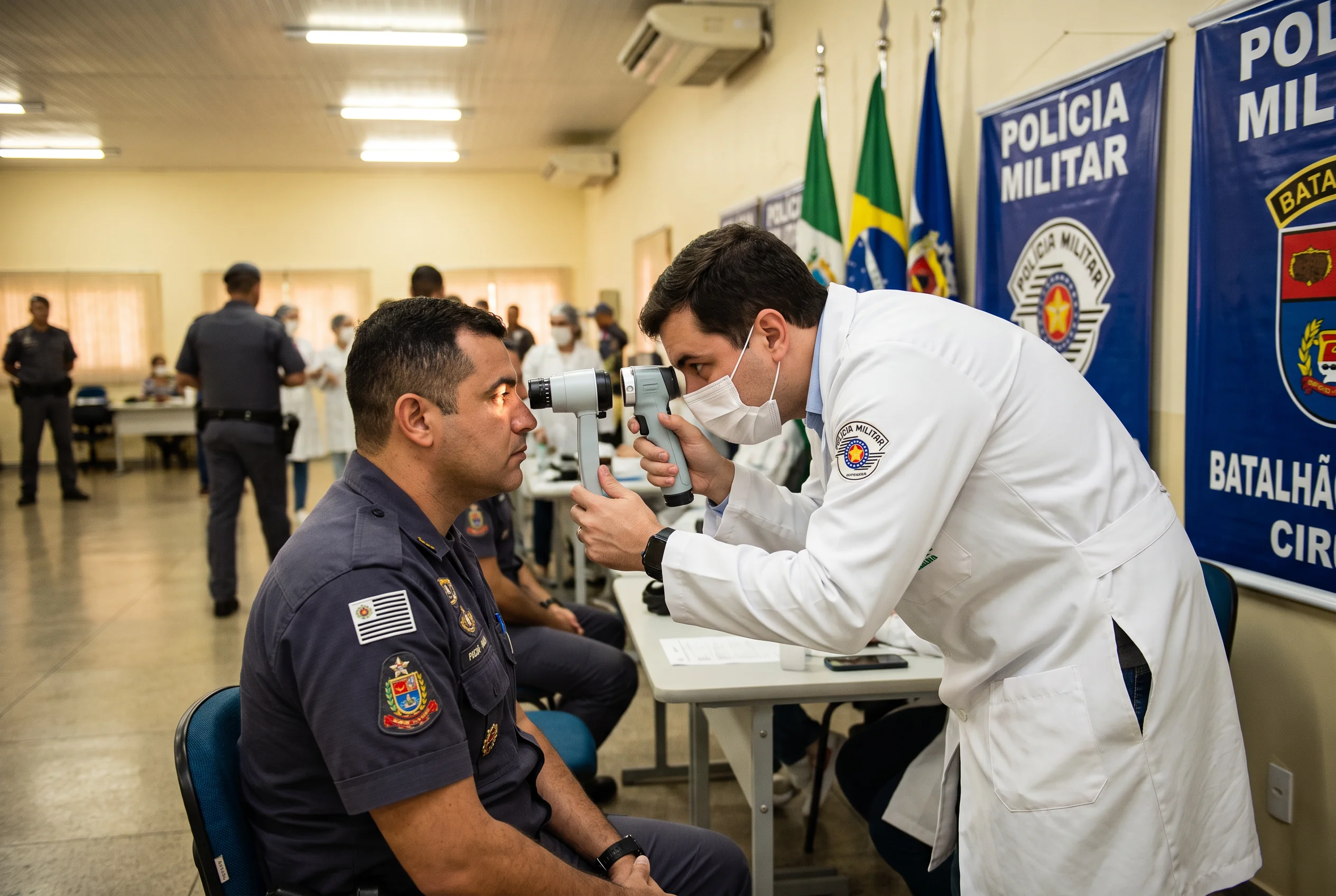 Triagem oftalmológica para policiais militares da ROTA no quartel do 1.° Batalhão de Choque