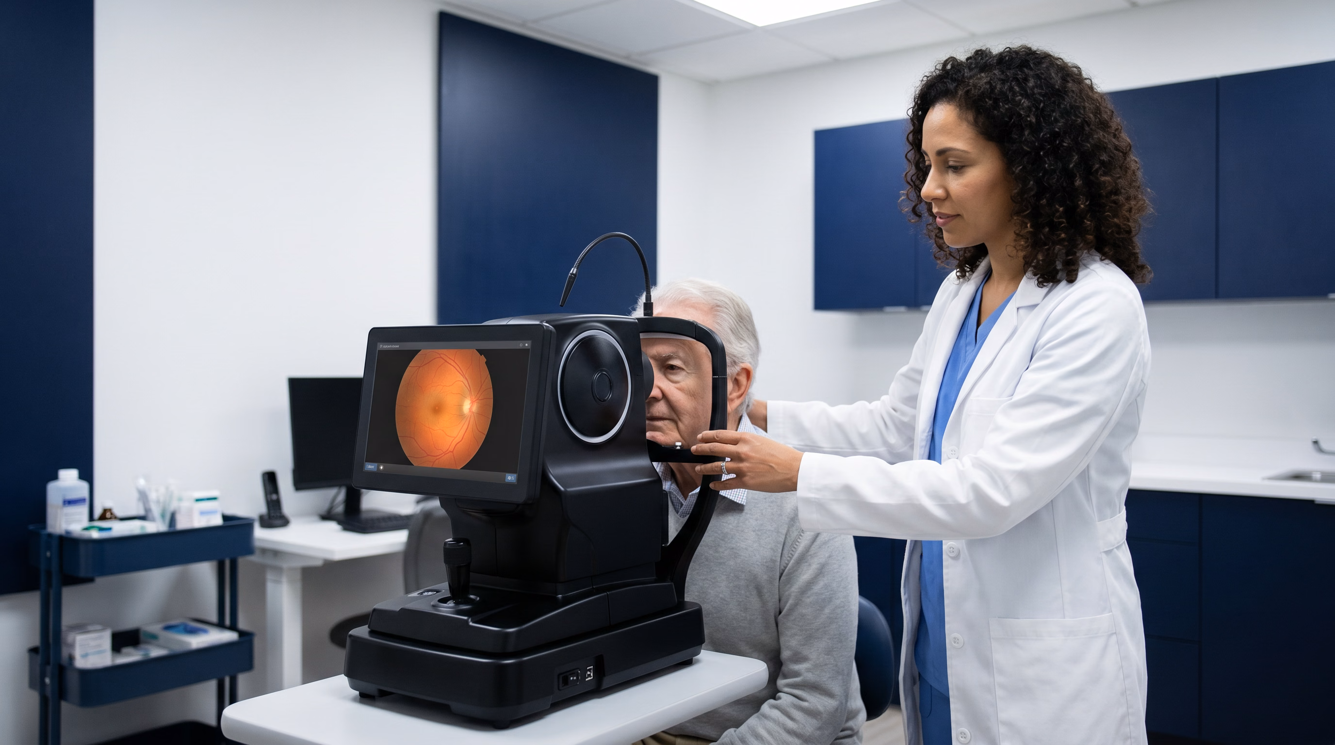 Exame de Mapeamento de Retina no Instituto Drudi e Almeida — médica posicionando paciente no retinógrafo digital