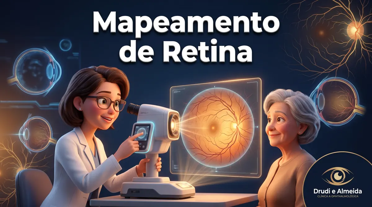 Ilustração de uma médica e uma paciente, com a imagem de uma retina ao fundo
