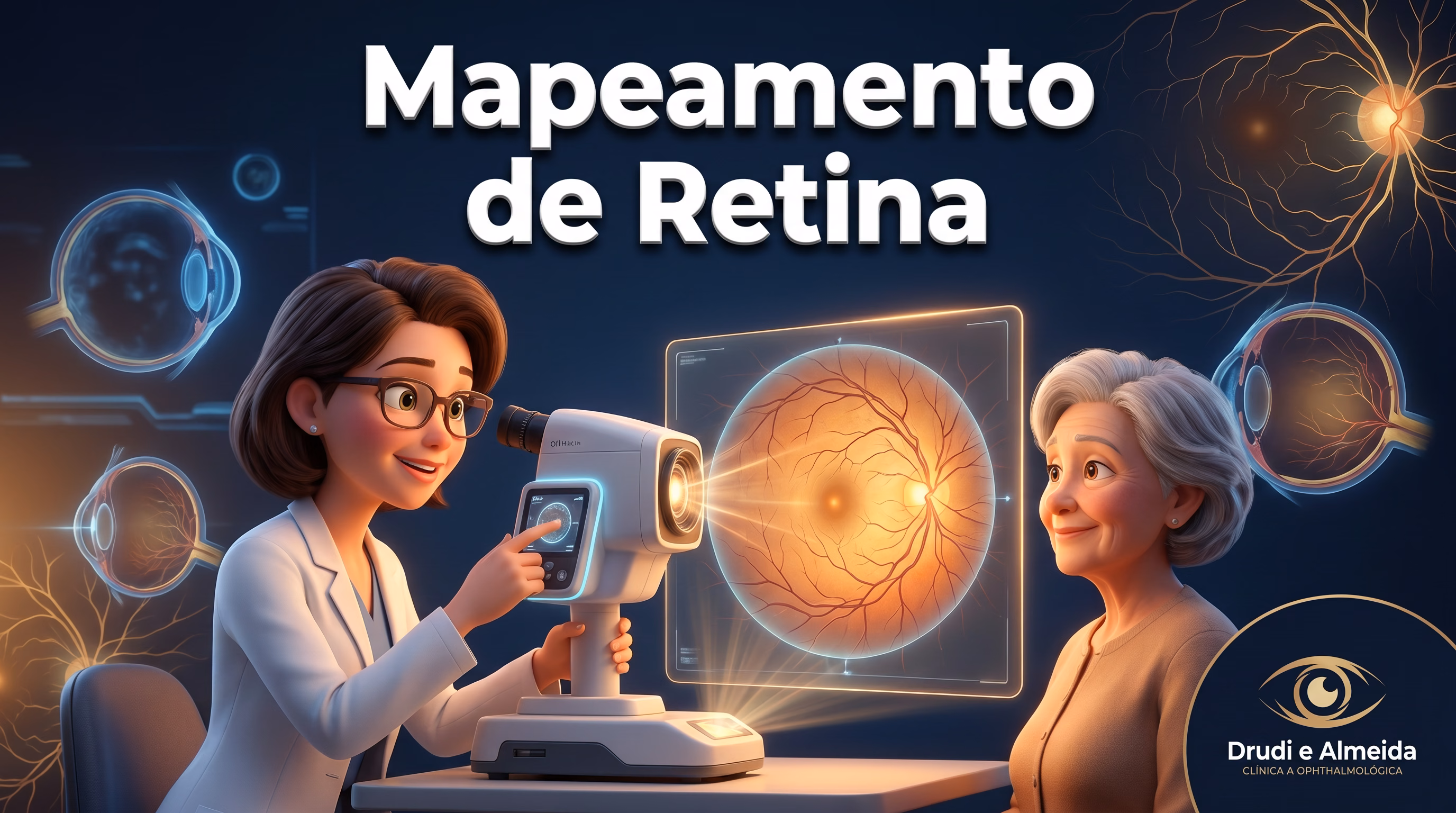 Ilustração 3D do mapeamento de retina — oftalmologista examinando retina com equipamento digital