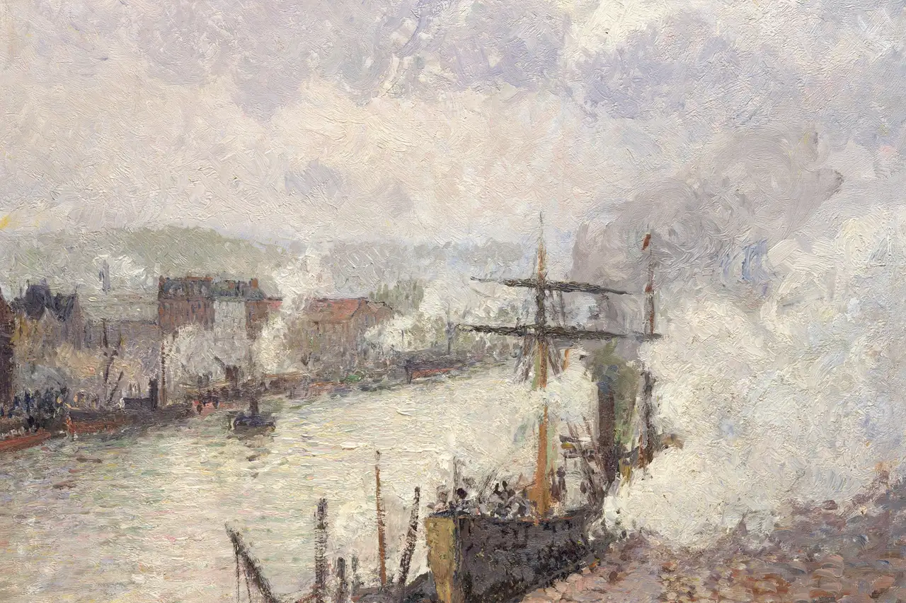 Pintura do porto de Rouen visto do alto, com barcos a vapor e um veleiro no rio, fumaça clara no céu e o casario da outra margem.