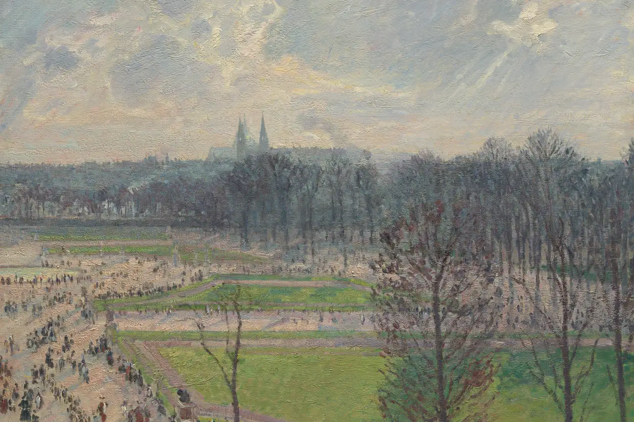 Pintura do Jardim das Tulherias, em Paris, visto do alto numa tarde clara de inverno, com gramados, aleias, árvores sem folhas, pedestres pequenos e as torres de uma igreja ao fundo.
