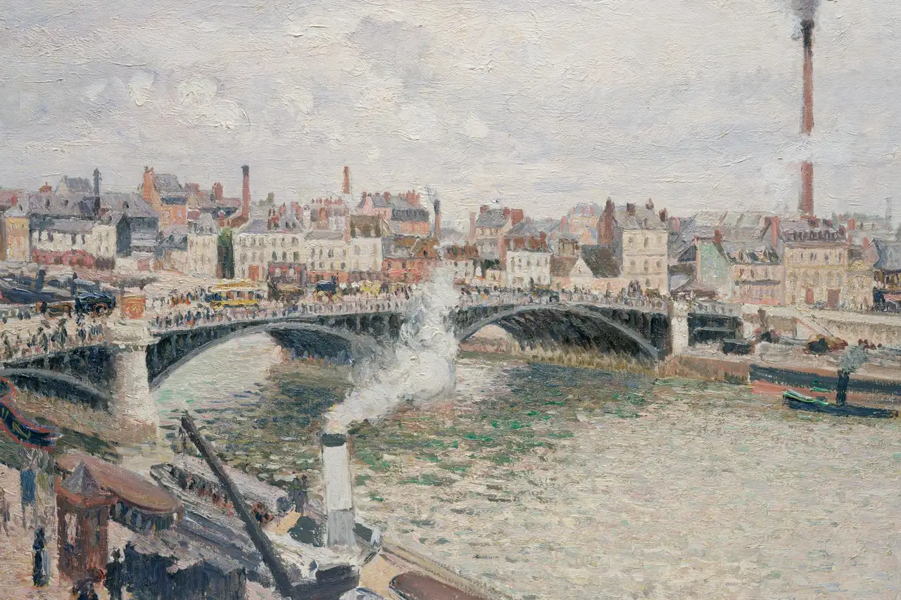 Pintura de uma ponte sobre o rio Sena em Rouen vista do alto numa manhã nublada e clara, com o casario na outra margem, barcos e uma chaminé soltando fumaça.