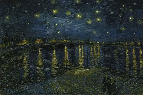 Van Gogh — Noite Estrelada, com halos e redemoinhos característicos