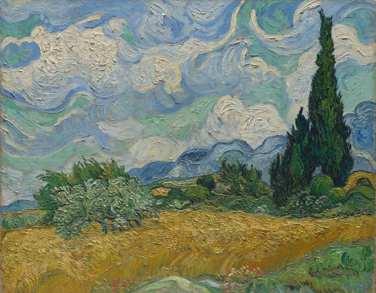 Vincent van Gogh, Campo de trigo com ciprestes, 1889: um trigal dourado sob um céu de nuvens em redemoinho, com dois ciprestes altos e escuros à direita, oliveiras à esquerda e montanhas azuis ao fundo.