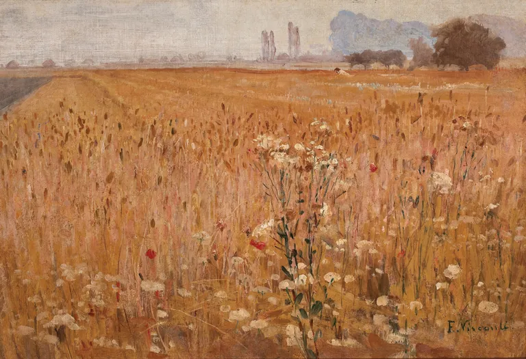 Eliseu Visconti, Trigal, 1915: um campo de trigo dourado com flores brancas e algumas papoulas vermelhas em primeiro plano, árvores e uma linha de choupos ao fundo, sob um céu claro e enevoado.